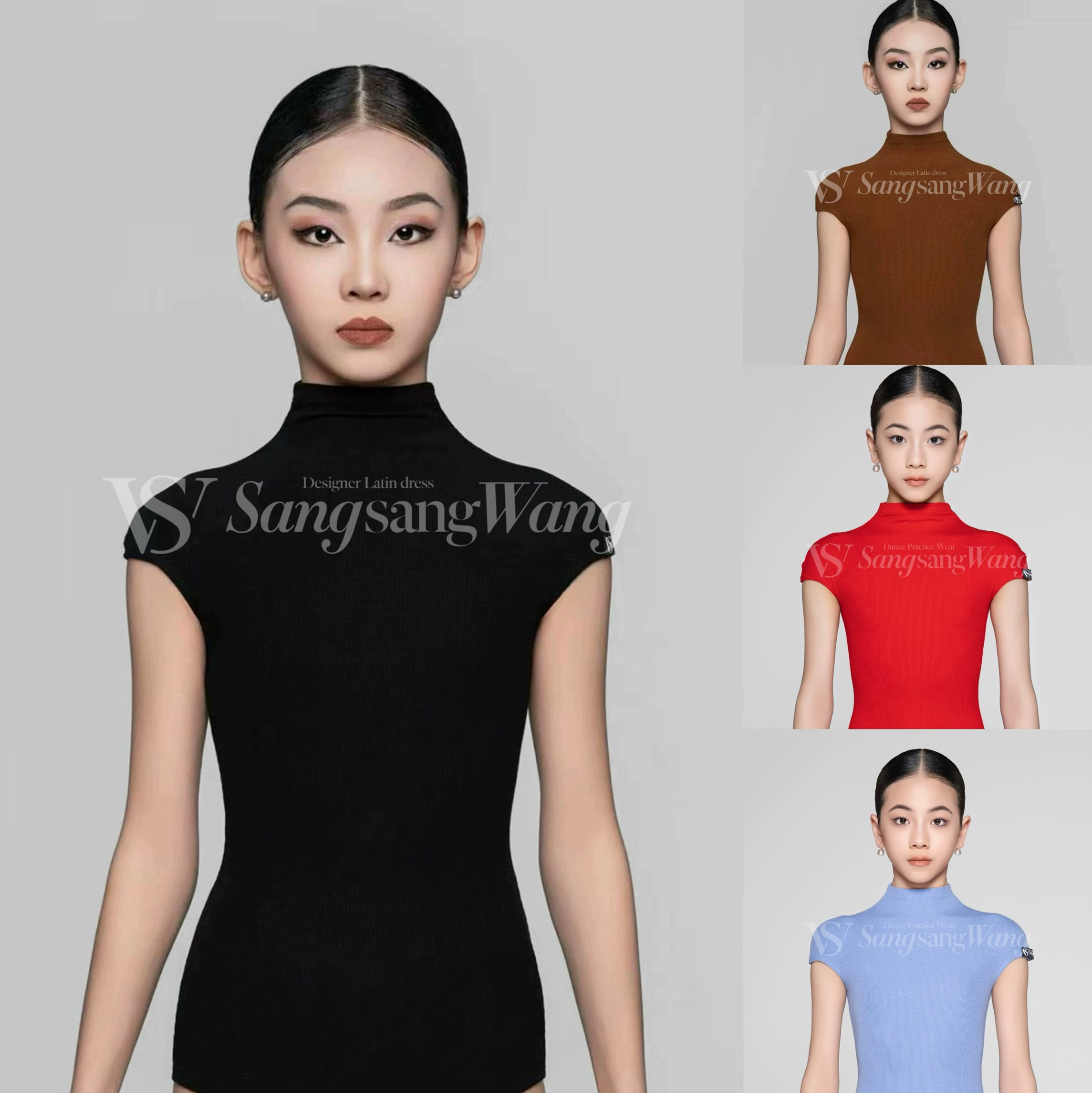 sswang舞服少儿拉丁舞春夏无袖坎袖螺纹上衣小高领女童练习服百搭