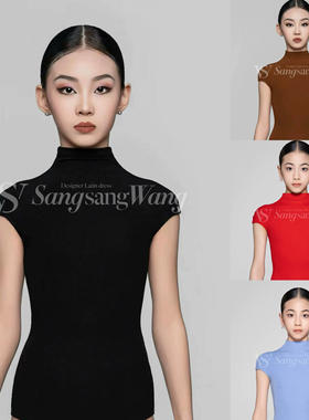 sswang舞服少儿拉丁舞春夏无袖坎袖螺纹上衣小高领女童练习服百搭