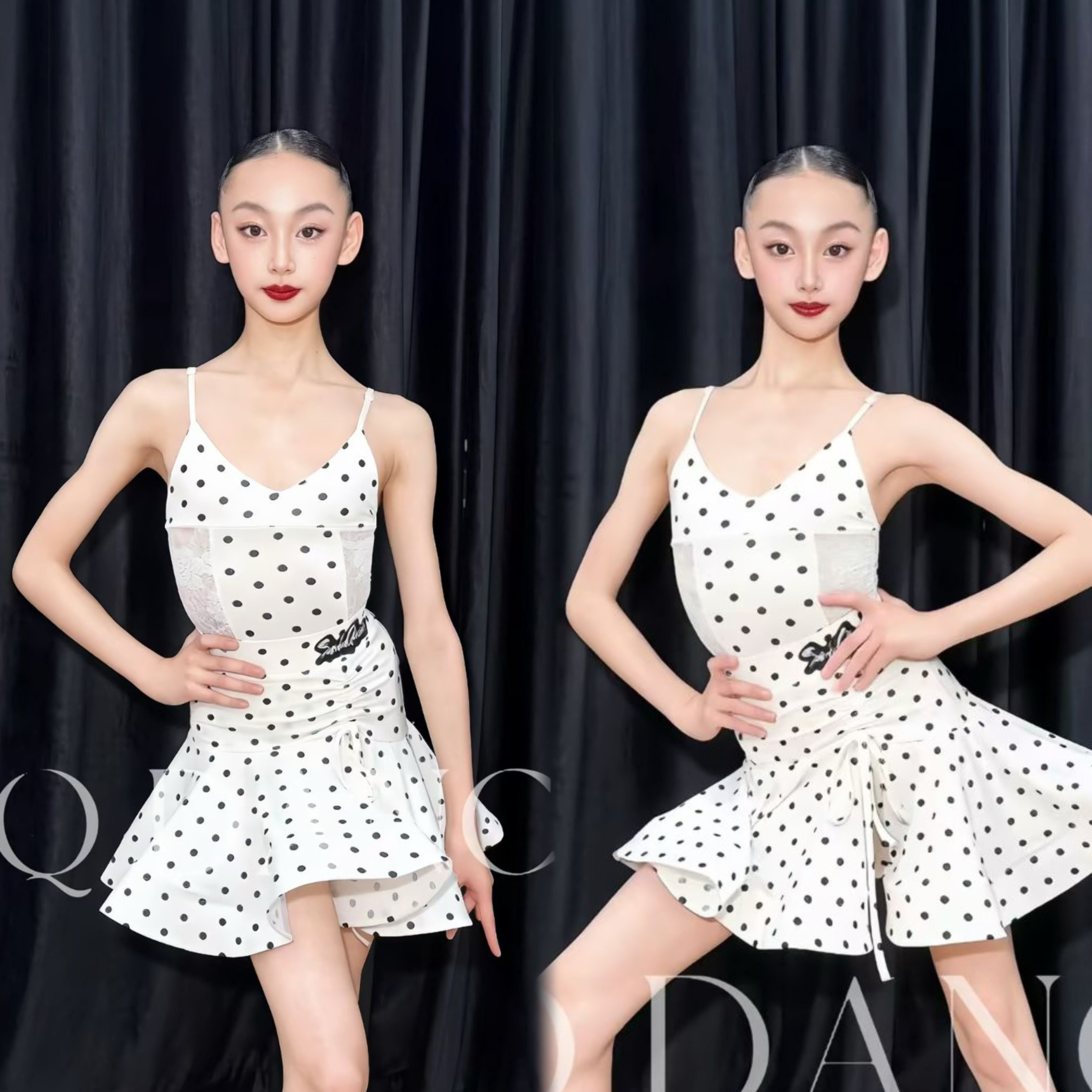 SQ舞服少儿拉丁舞女童白色波点蕾丝吊带裙鱼骨练功服夏季跳舞
