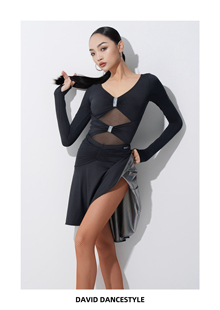 David舞服拉丁舞女士长袖多层网纱拼接银色翻摆套装练习服跳舞