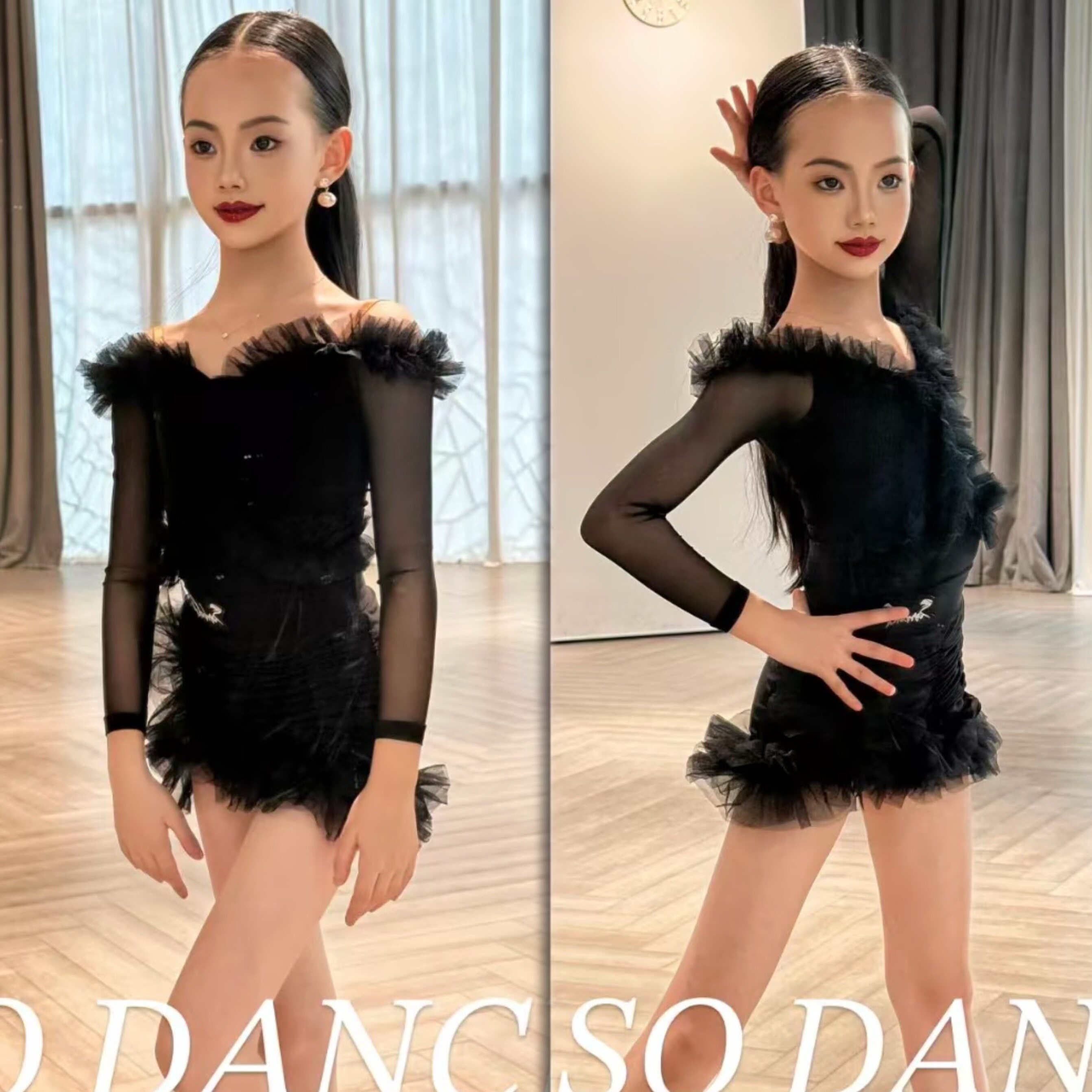 SQ舞服少儿拉丁舞蕾丝边精致网纱长袖秋冬练习服短裙女童睫毛表演