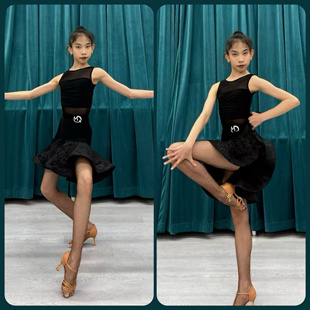 MQ苗子舞服少儿拉丁舞2025无袖鱼骨大摆网纱拼接练习服女童