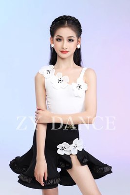 ZYdance舞服少儿拉丁舞秘境夏季黑白花朵鱼骨练习服恰恰伦巴女童