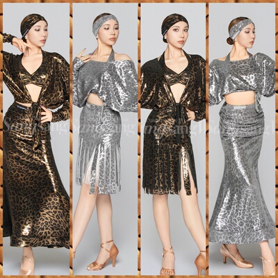 sswang舞服女士拉丁舞桑老师闪光豹纹挂脖两穿系带宽松摩登练习服