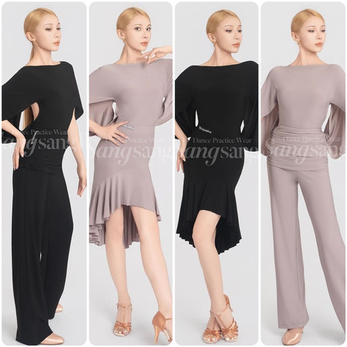 sswang舞服拉丁舞女士一字肩飘逸露背鱼尾大摆训练褶皱垂感直筒裤