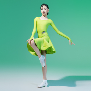 MR舞服FZS少儿拉丁舞女坎肩式方领长袖规定服赛服绿色女童秋冬