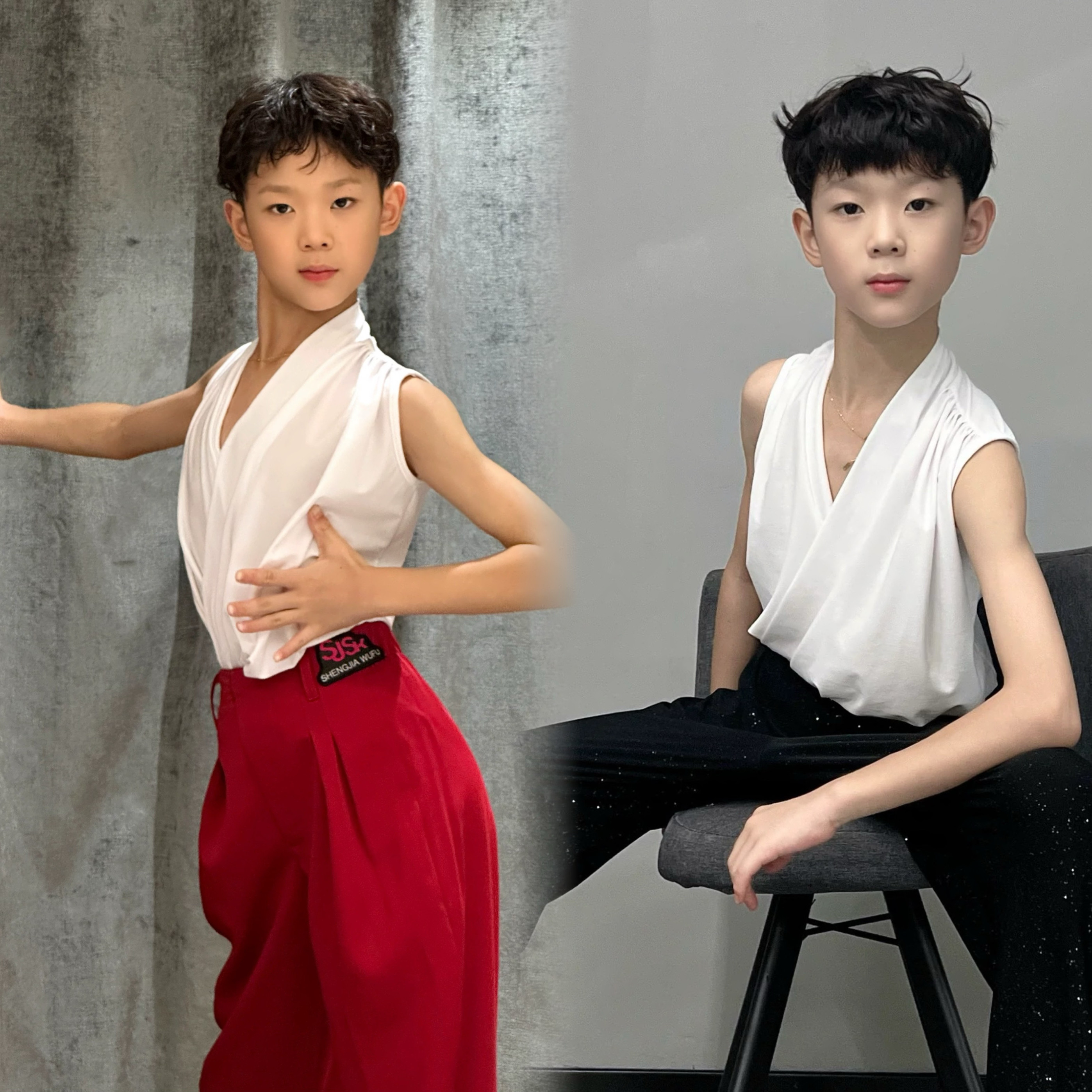 盛佳少儿拉丁舞男生夏季无袖背心交叉褶皱上衣繁星表演裤练习服