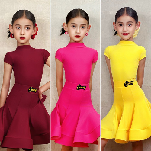 康尼舞服夏季儿童欧标哑光拉丁舞服女童舞蹈练功舞裙规定表演出服