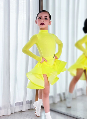 CONNY拉丁舞服女黄色儿童标准比赛规定服装小高领薄绒款鱼骨裙子
