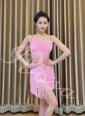 Rosa拉丁舞女士夏日色彩流苏连衣裙露背性感吊带粉色橙色练习服