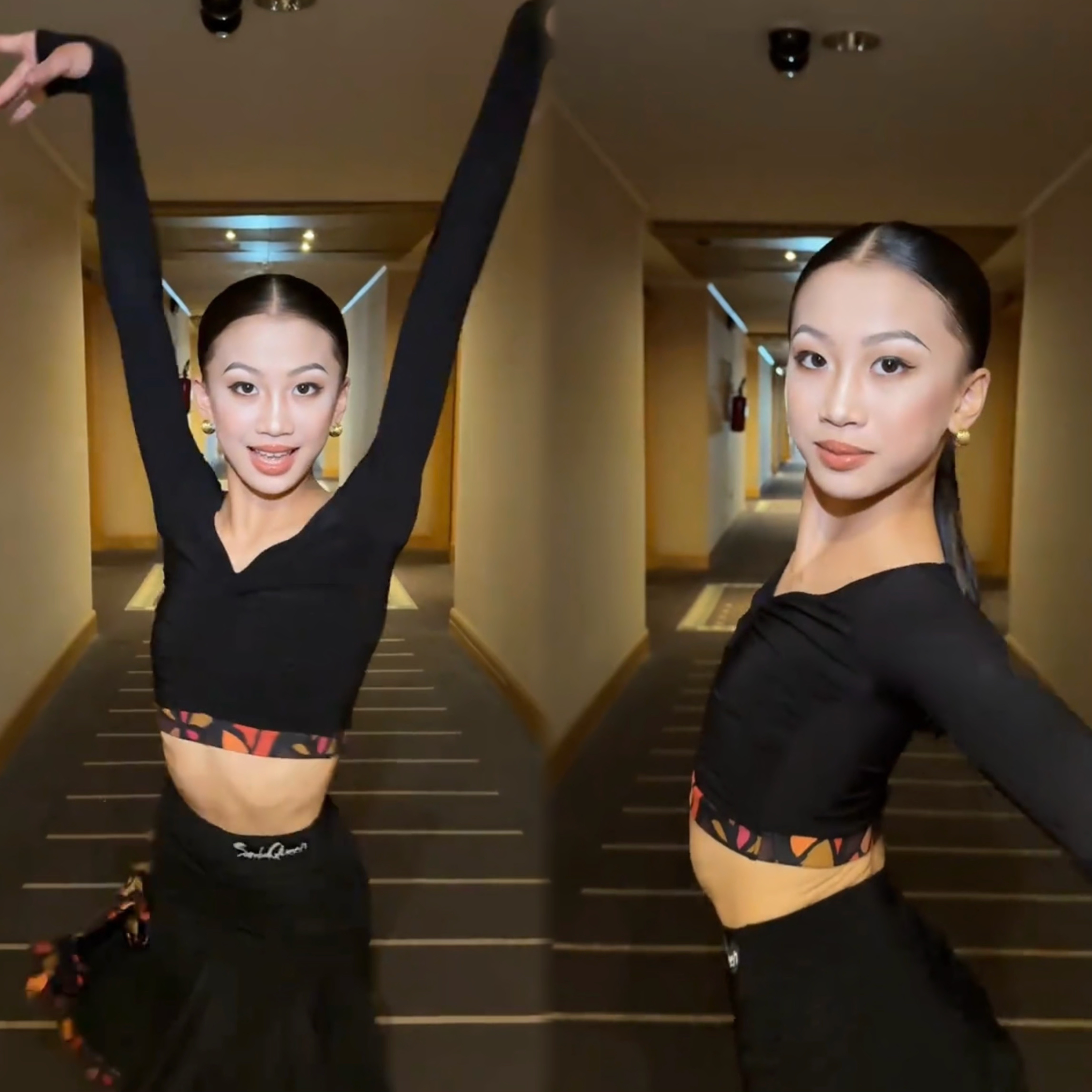 SQ舞服少儿拉丁舞秋冬长袖分体花边大摆桃心领精致练习服女童跳舞