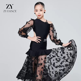 ZY舞服摩登服蝴蝶网纱少儿拉丁舞服女童表演出练功服套装跳舞