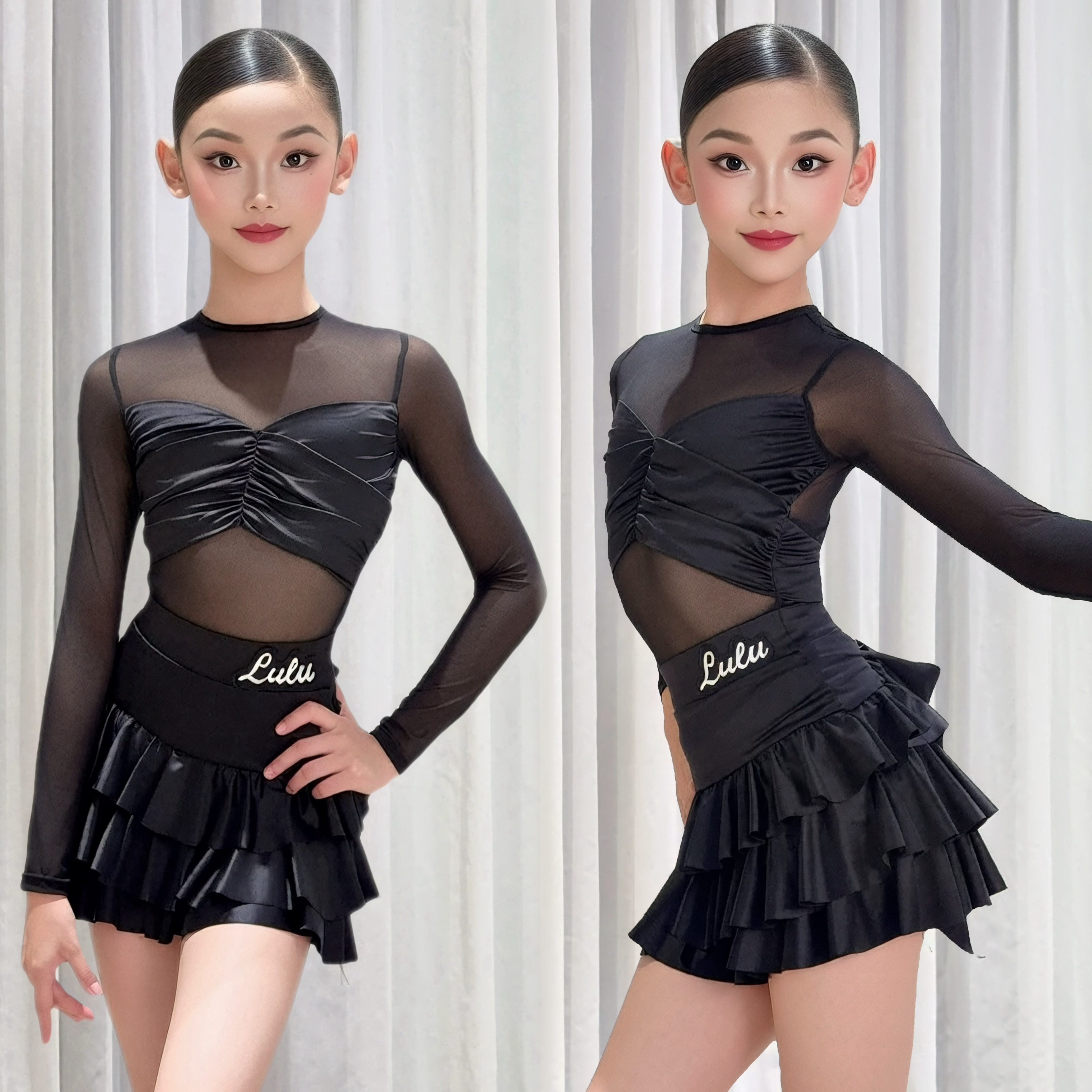 LuLu舞服少儿拉丁舞秋冬网纱长袖光泽蛋糕裙练习服跳舞女童恰恰