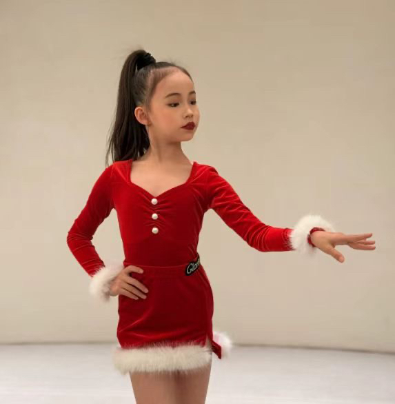 歌瑞亚舞服少儿拉丁舞秋冬圣诞过年毛毛裙长袖套装表演出练习服