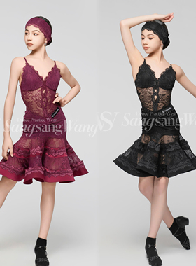 sswang舞服少儿拉丁舞葡萄紫镂空蕾丝吊带V腰大裙摆练习服女童