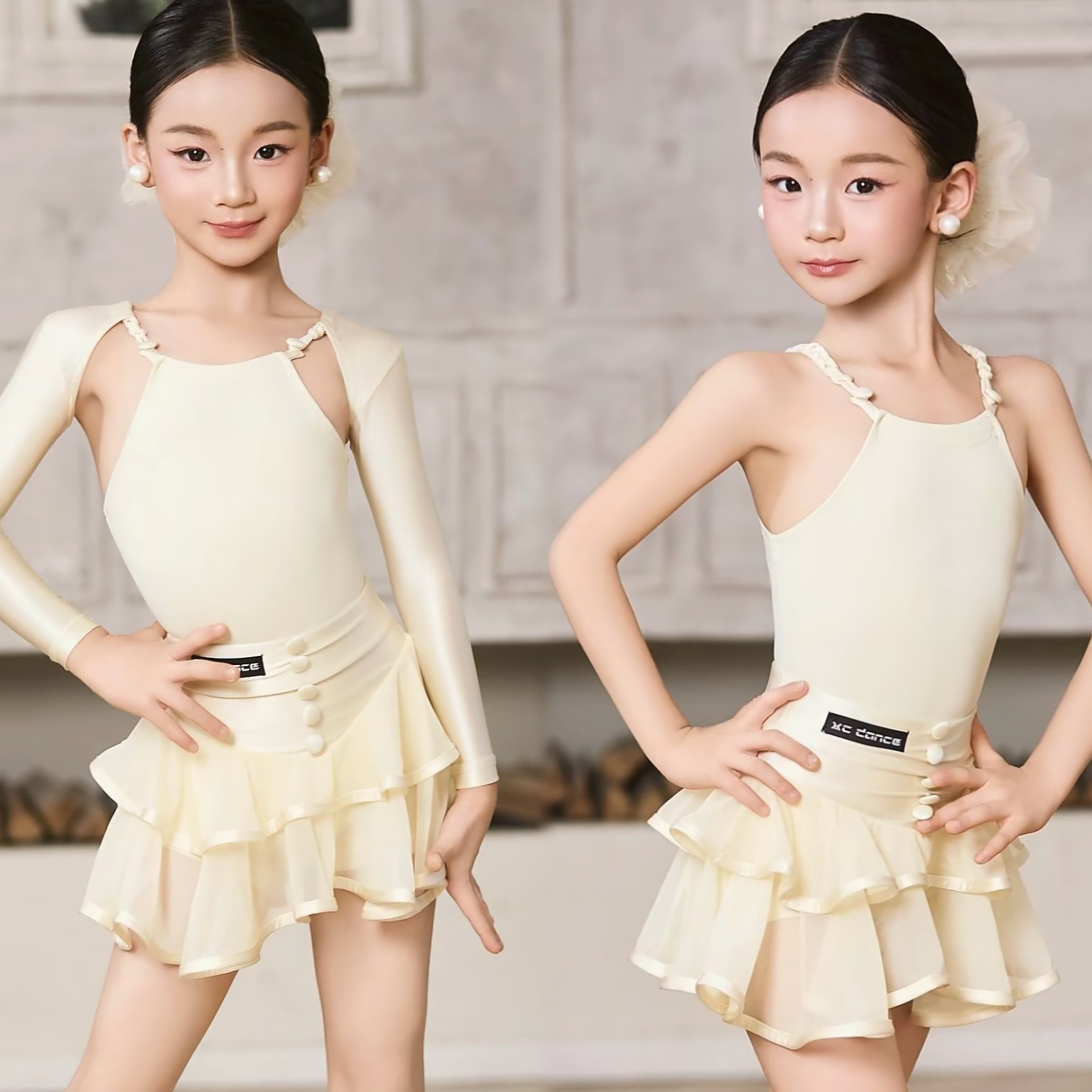 星辰拉丁舞服「奶油丝缎」2026秋冬女童长袖三件套拉丁舞练功服
