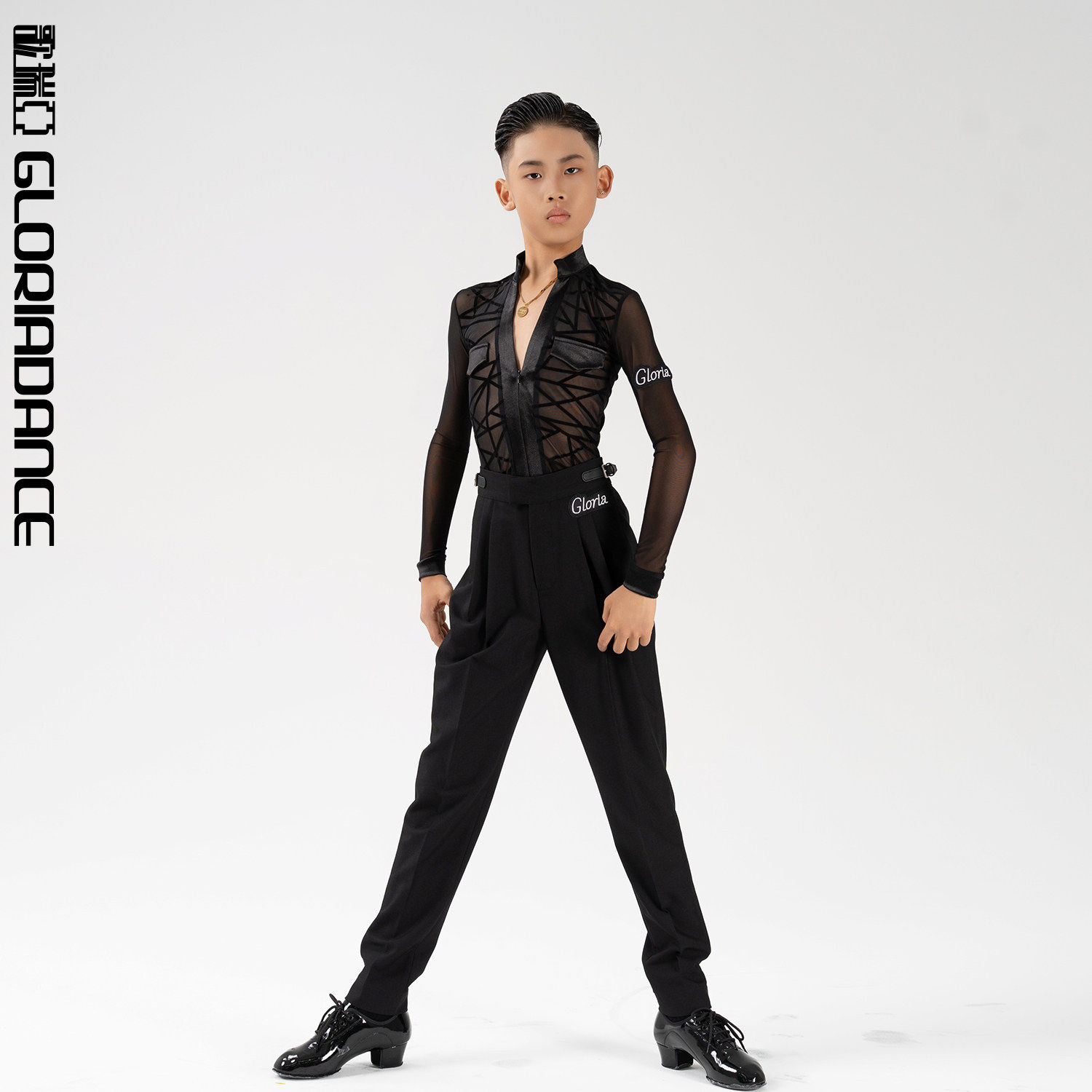 歌瑞亚少儿舞服新款男童拉丁摩登舞蹈网纱上衣演出服表演训练功服