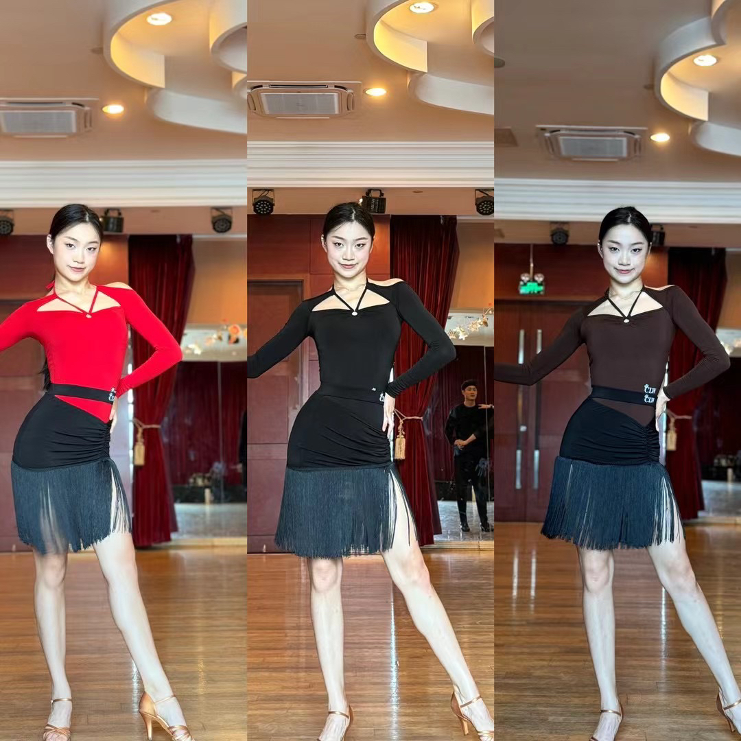 CLW舞服拉丁舞女士秋冬长袖三色镂空上衣流苏半裙专业练习服院校