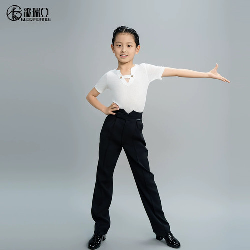 歌瑞亚春夏男少儿舞服小V领短袖拉丁舞上衣长裤套装演出服练习服