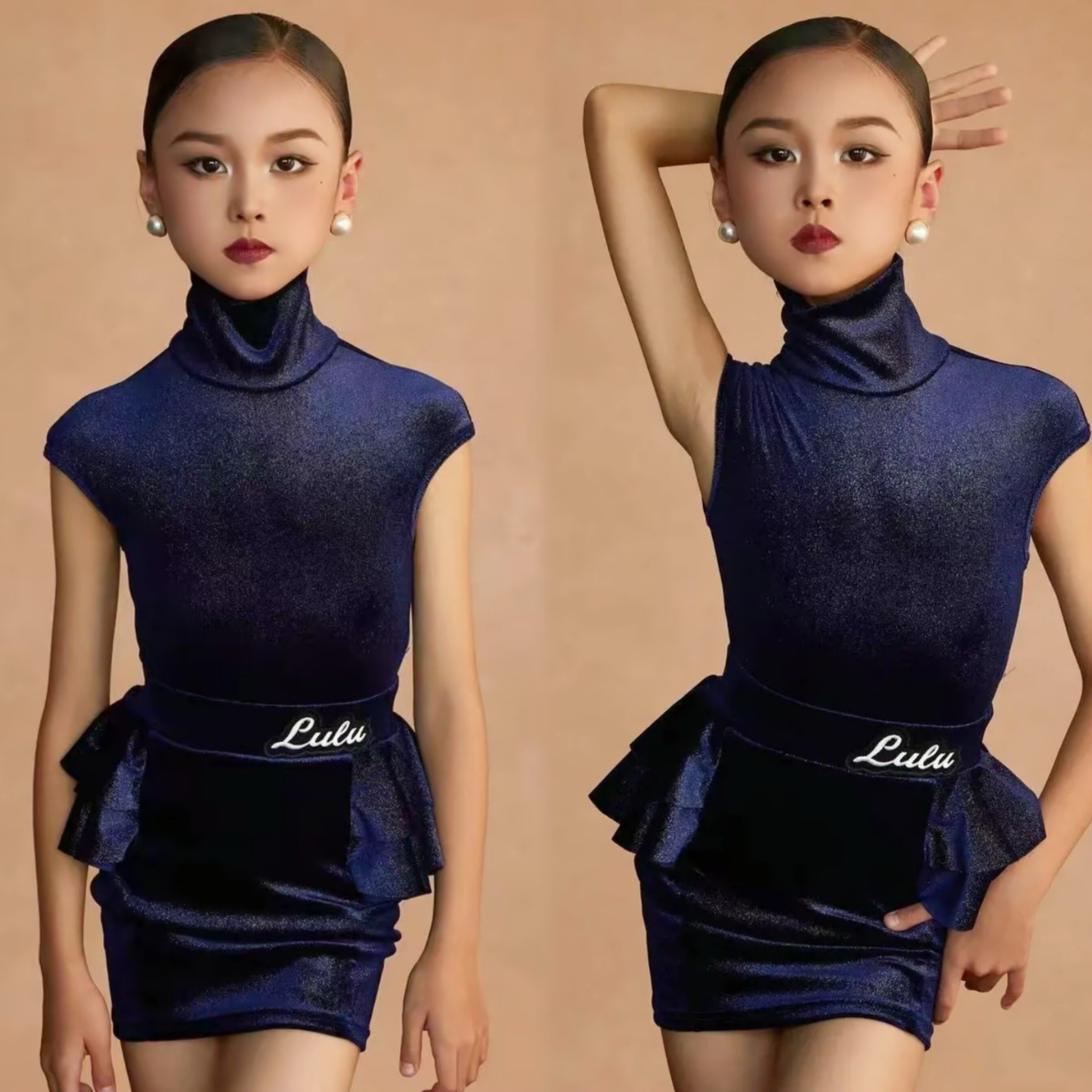 LuLu舞服少儿拉丁舞秋冬精致赫本风高领露背小香风套装分体练习服