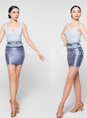 sswang舞服女士拉丁舞桑老师小蓝花螺纹吊带浅蓝色花苞包臀练习服