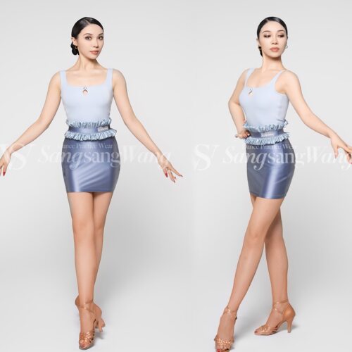 sswang舞服女士拉丁舞桑老师小蓝花螺纹吊带浅蓝色花苞包臀练习服