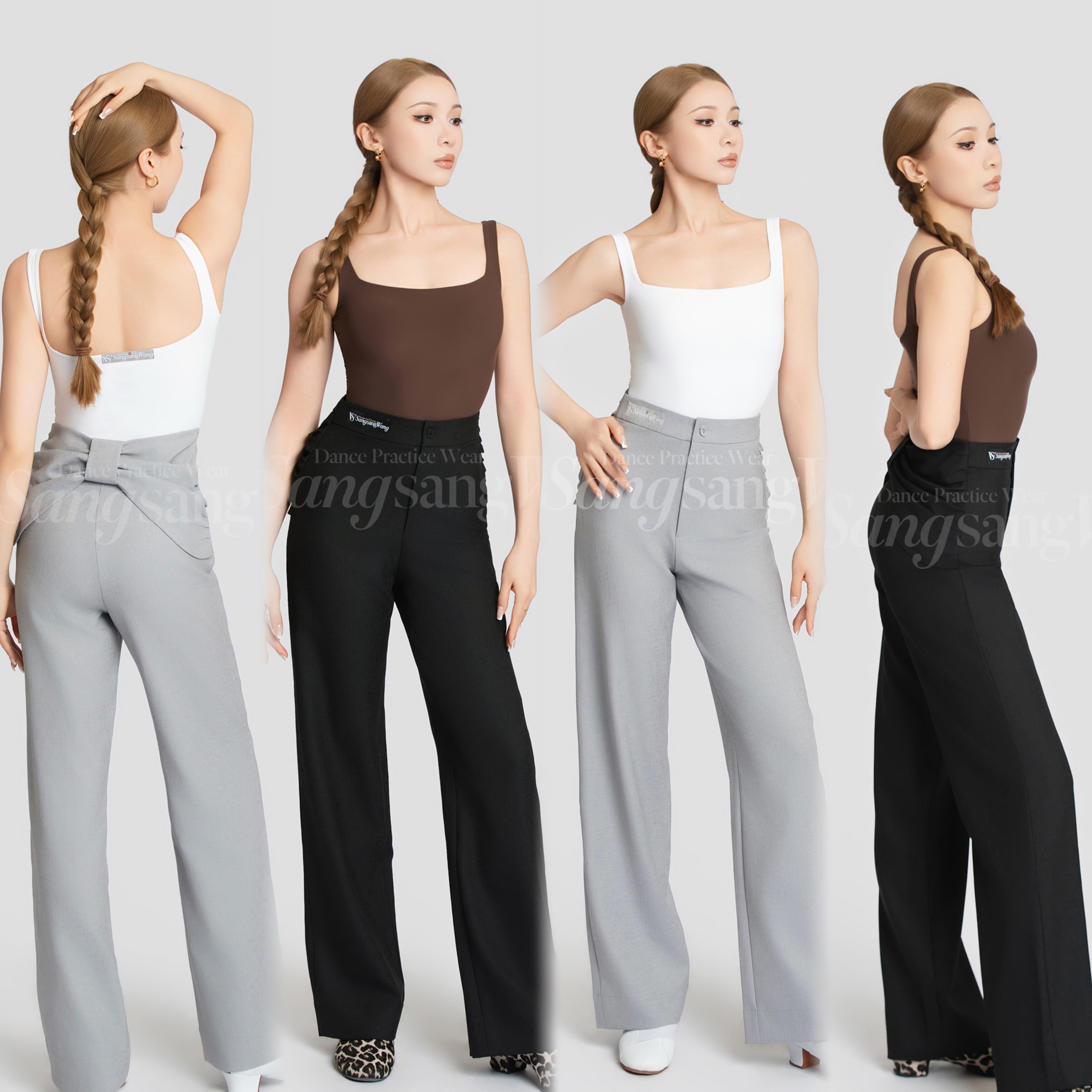 sswang舞服拉丁舞女士桑老师蝴蝶结直筒西裤跳舞教师服方领吊带