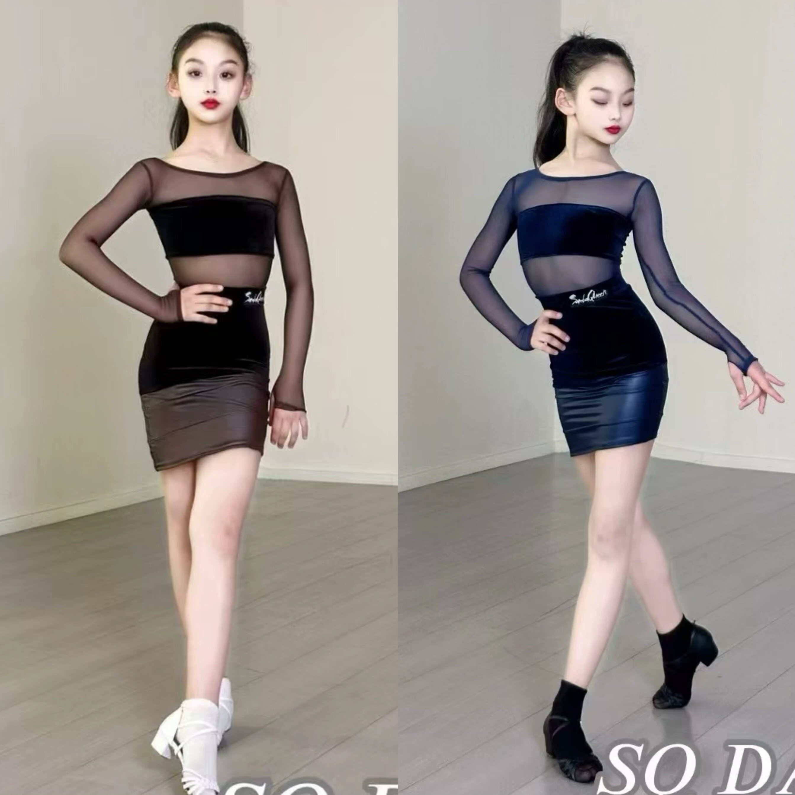 SQ舞服少儿拉丁舞长袖秋冬网纱拼接皮裙套装练习服跳舞女童精英