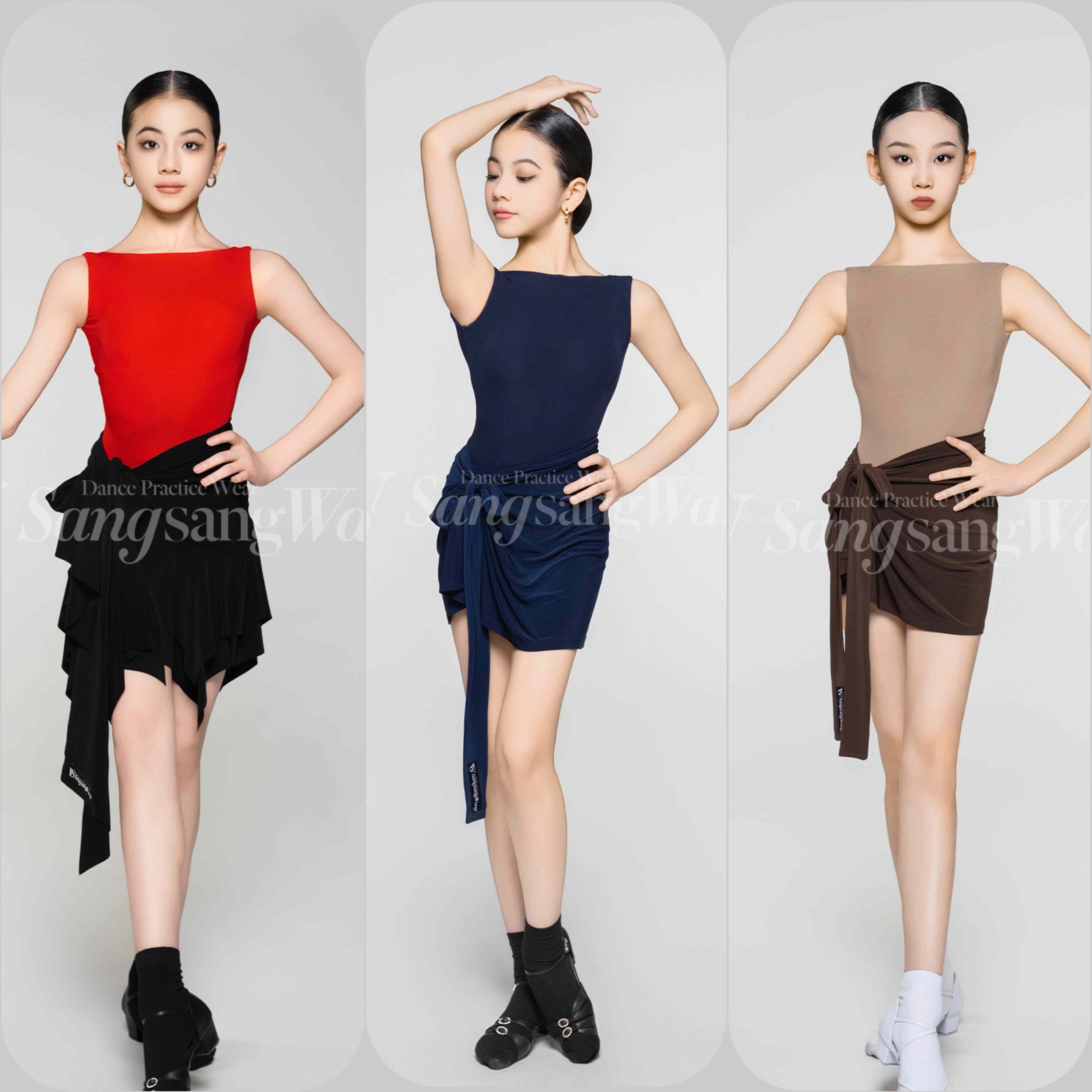 sswang舞服少儿拉丁舞细螺纹一字领无袖绑带百搭短裙练习服跳舞