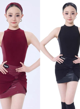 WAVE未午舞服少儿拉丁舞儿童夏季红色女童少儿分体拼短裙套装