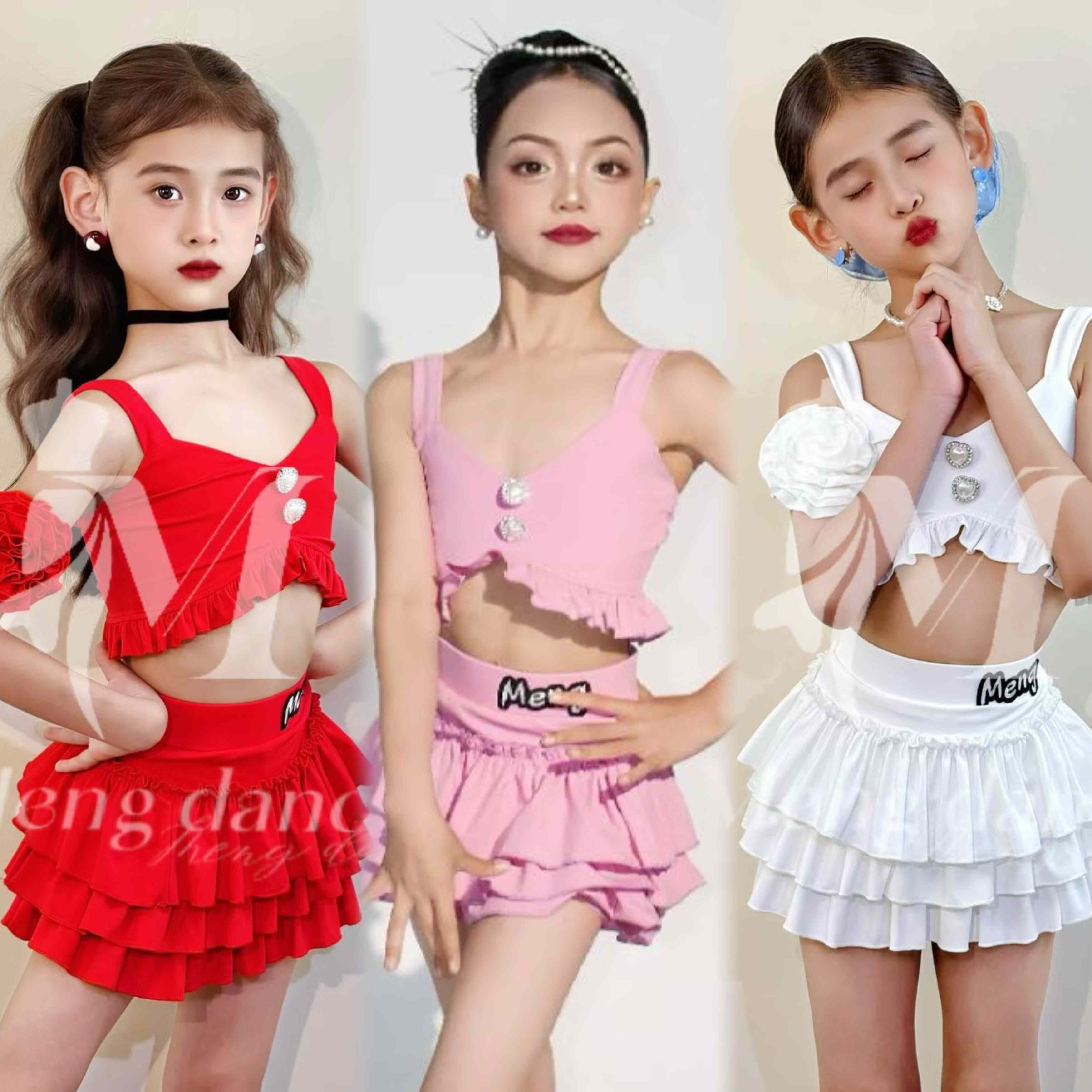 Meng舞服少儿拉丁舞夏季可爱蛋糕分体色彩练习服女童吊带表演服