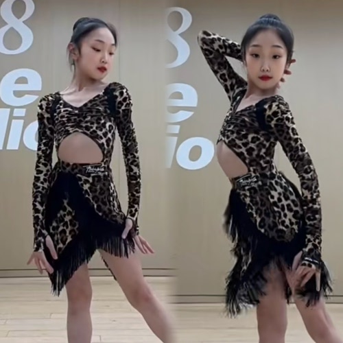F dance舞服少儿拉丁舞秋冬豹纹流苏露肚脐女童跳舞长袖练习服