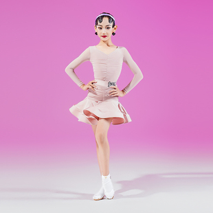 FZS舞服少儿拉丁舞服女高级感网纱褶皱练功服舞蹈裙紫色粉色女童