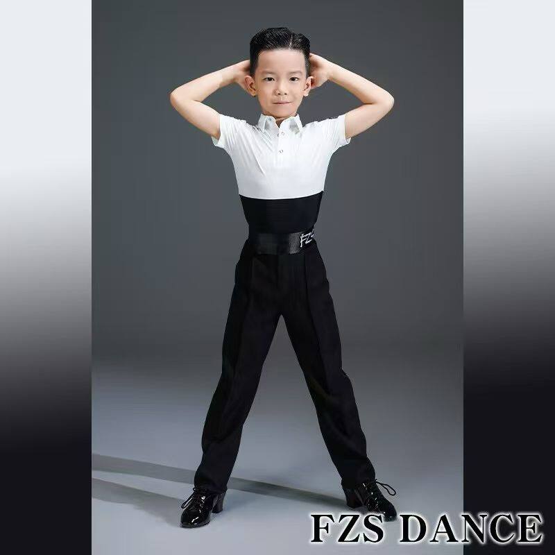 FZS舞服男童帅气男生黑白拼接纽扣Polo衫短袖衬衫上衣辣媳妇跳舞