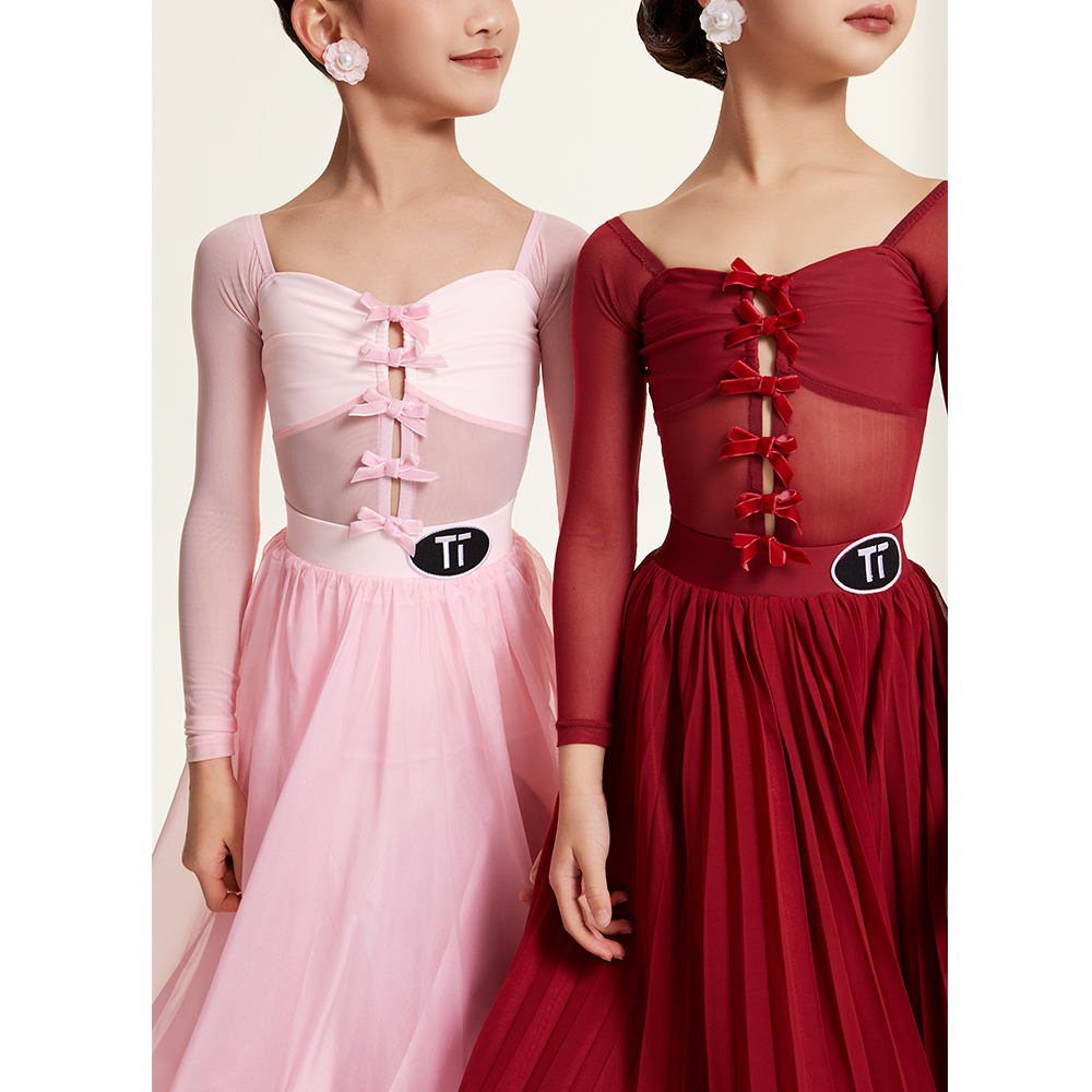 TTDANCE摩登舞练习服表演服TM010蝴蝶结网纱拼接分体双层鱼骨裙