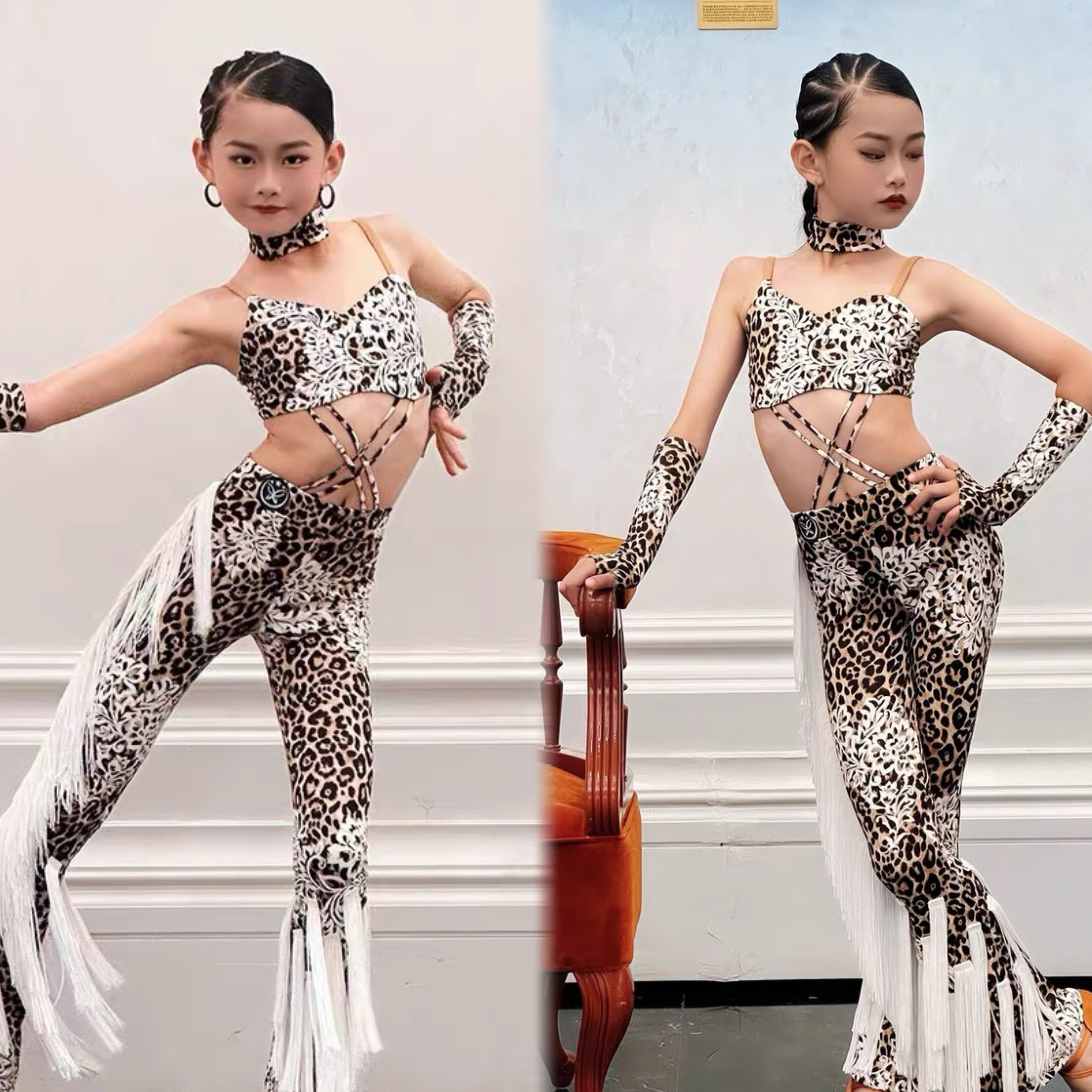 星辰拉丁舞服女修身「豹纹」儿童拉丁舞练功服表演服