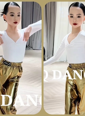 SQ舞服少儿拉丁舞秋冬金色热身裤暴汗裤跳舞裤子套装女童闪亮