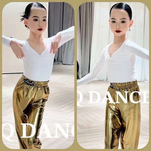 SQ舞服少儿拉丁舞秋冬金色热身裤暴汗裤跳舞裤子套装女童闪亮