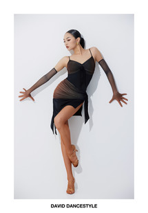 David舞服拉丁舞女士专业渐变色连衣裙吊带套装专业手套练习服