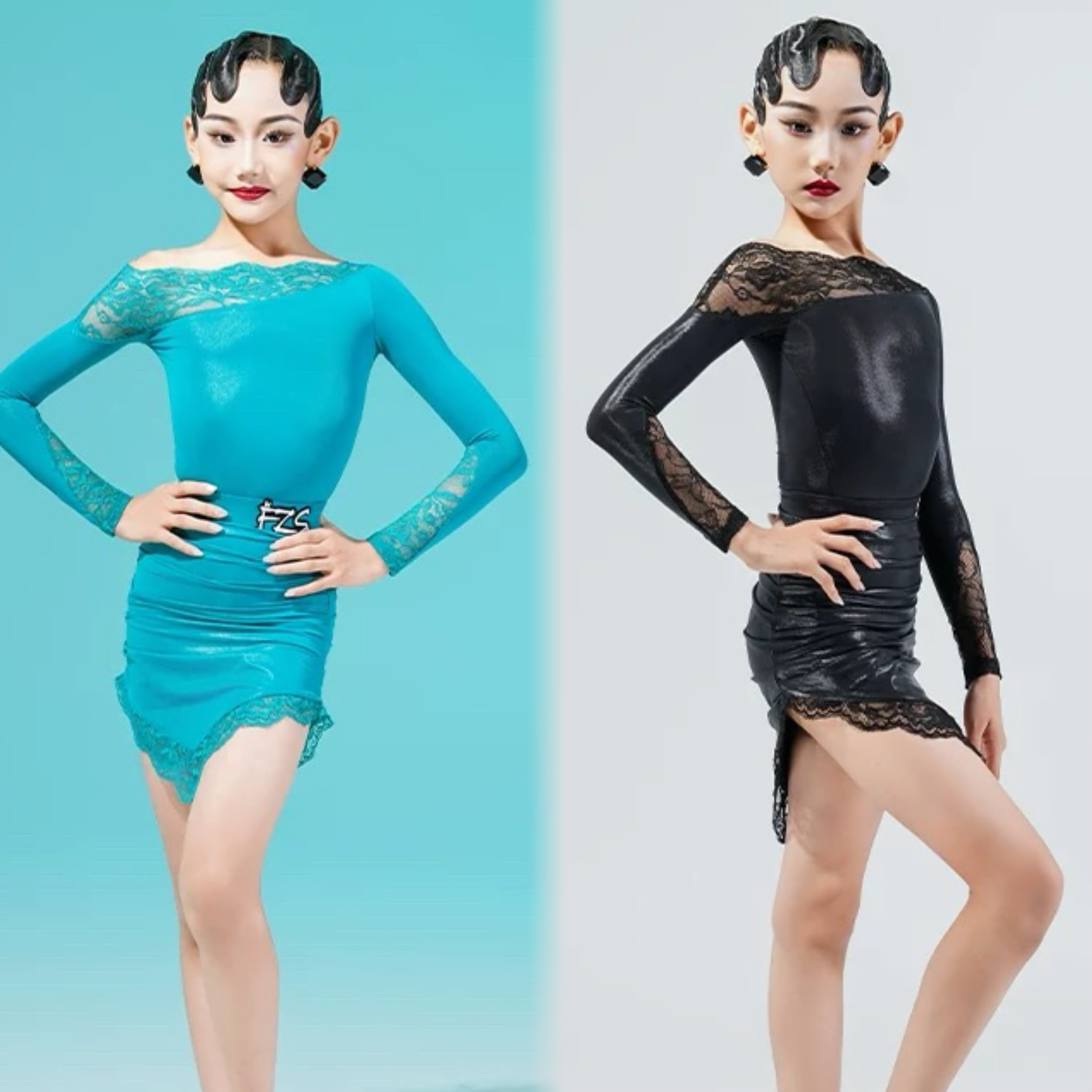 FZS舞服少儿拉丁舞2025秋冬悠悠女蕾丝斜肩拼接爽肤皮练习服女童