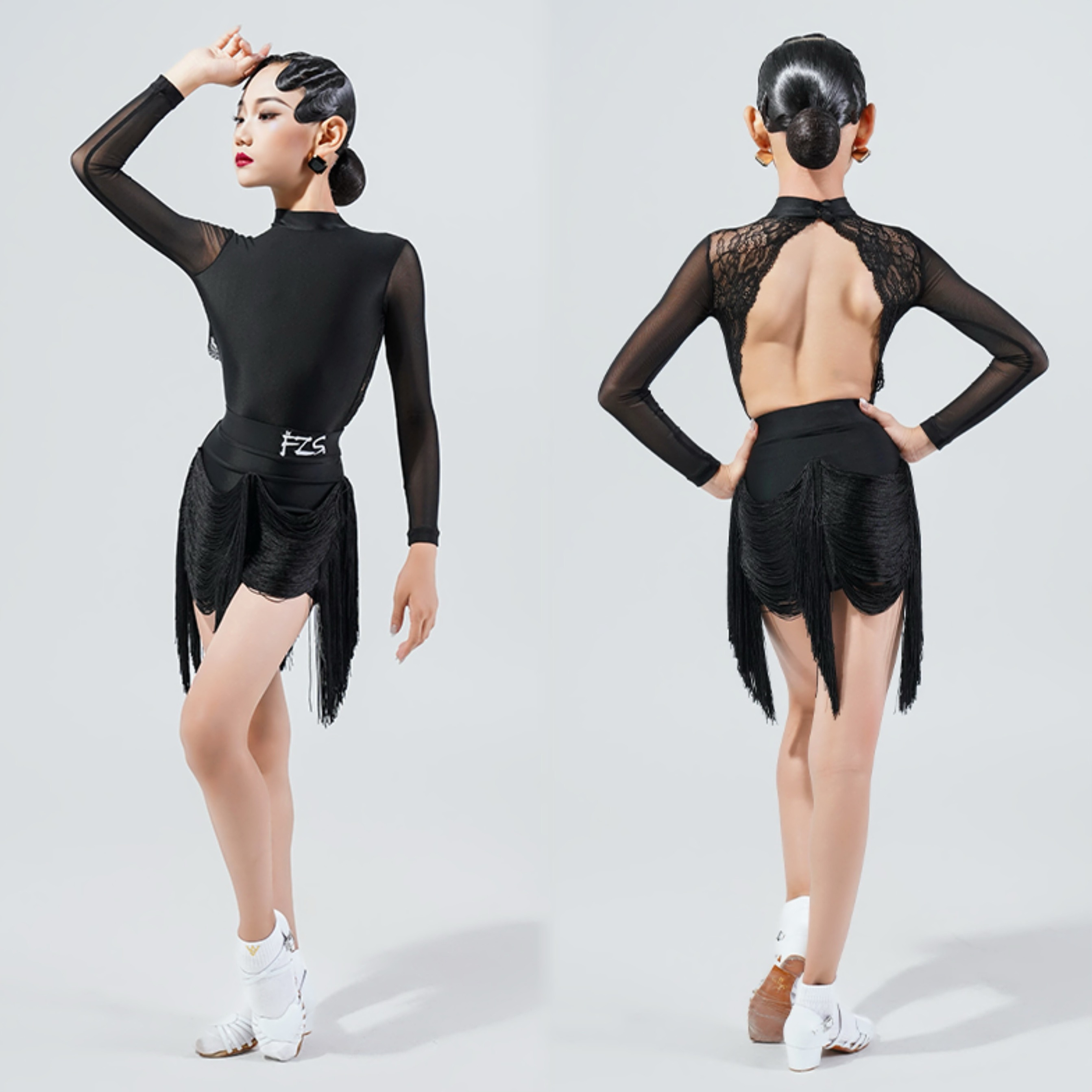 FZS舞服少儿拉丁舞露背流苏拼接兜兜流苏半裙练习服女童精英跳舞