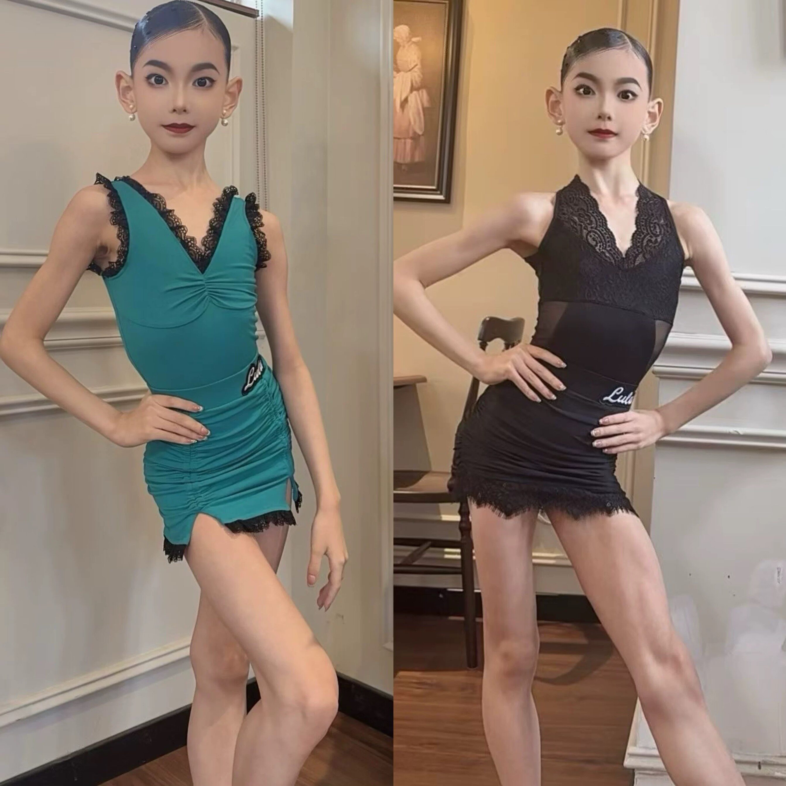 Lulu舞服少儿拉丁舞春夏精致蕾丝睫毛包臀套装练习服女童跳舞