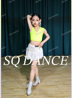 SQ舞服春夏少儿拉丁舞氧气少女黄色无袖挂脖练习服表演服亮色质感