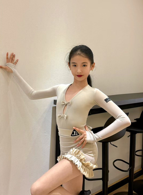 Level舞服拉丁舞少儿千金公主香槟色套装女童跳舞秋冬长袖练习服