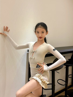 Level舞服拉丁舞少儿千金公主香槟色套装女童跳舞秋冬长袖练习服