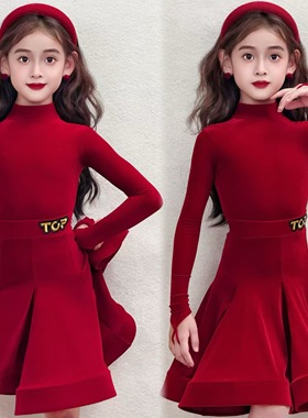 Top舞服少儿拉丁舞秋冬高级赛服比赛服红色精英规定服女童