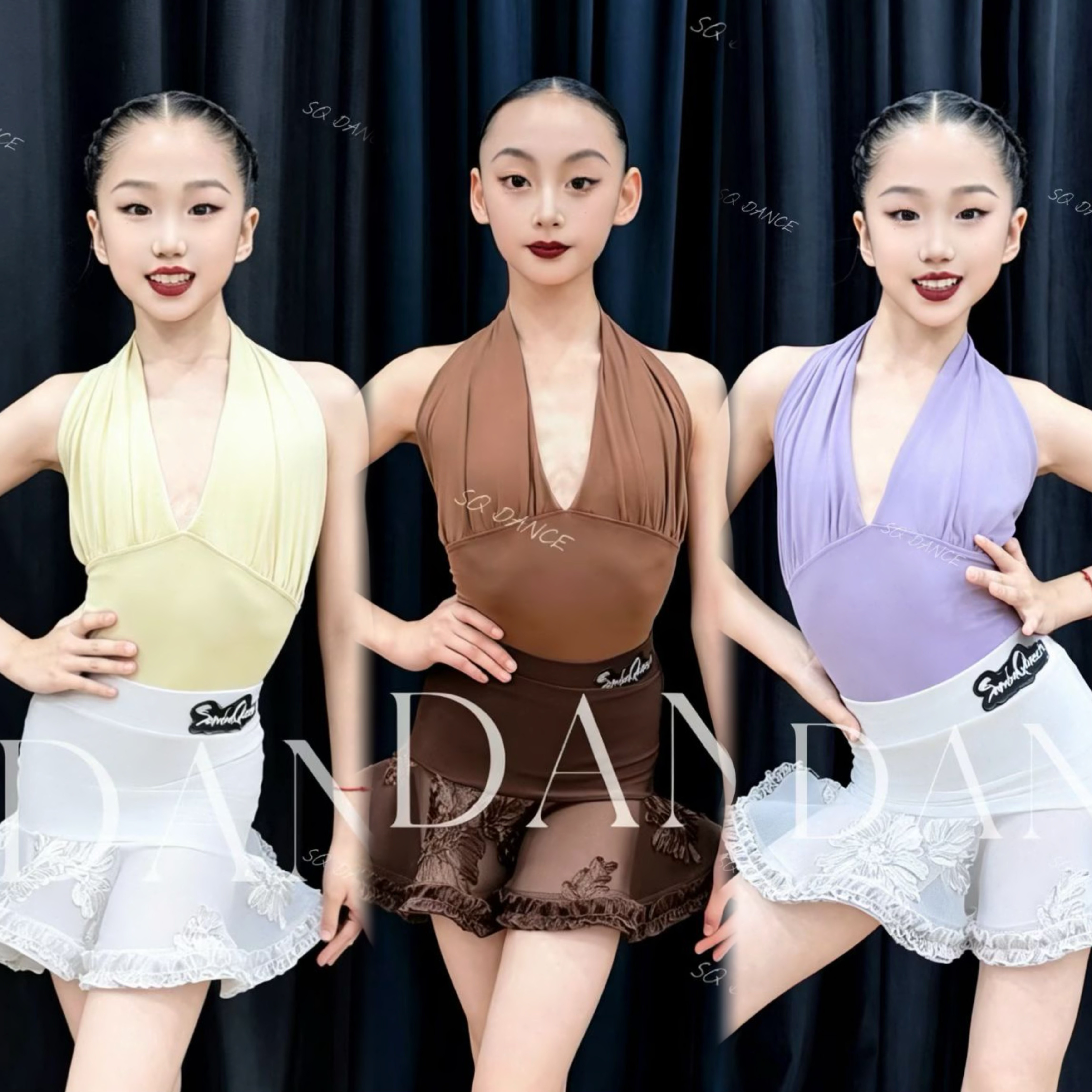 SQ舞服少儿拉丁舞挂脖夏季网纱鱼骨短裙包臀褶皱练习服色彩女童
