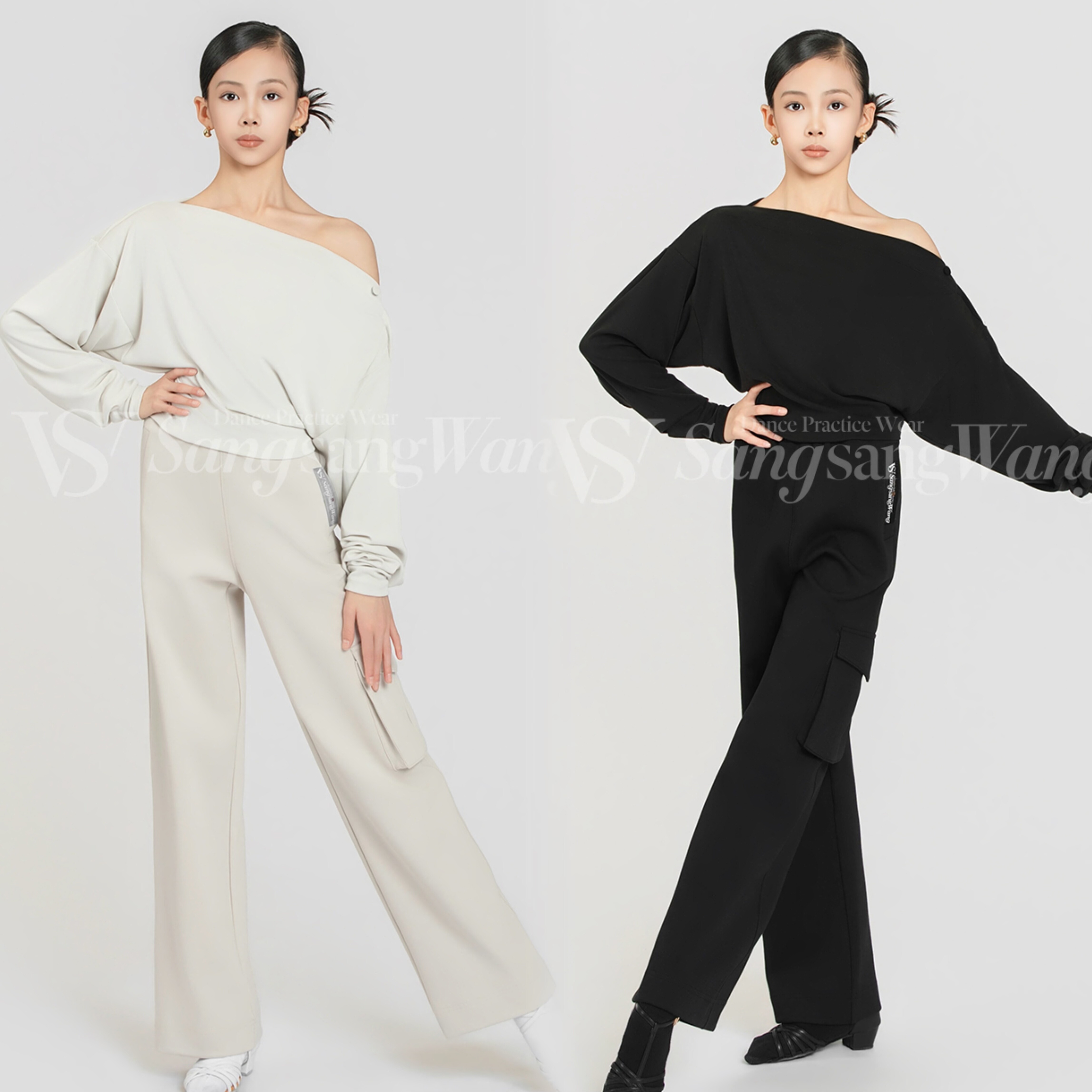 sswang舞服少儿拉丁舞超舒适纽扣一字领口袋工装裤练习服套装女童