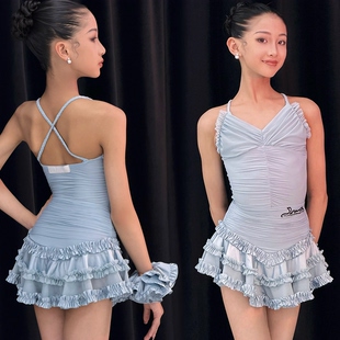 Level舞服少儿拉丁舞梦幻肌底牛奶缎弹力网纱吊带夏季练习服女童