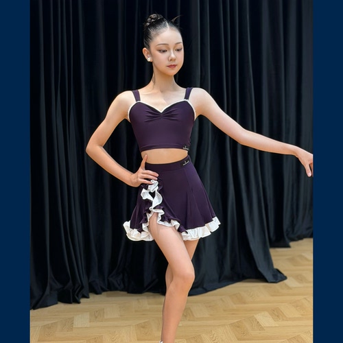 Level舞服少儿拉丁舞春集训营限定款紫色吊带花边套装练习服女童